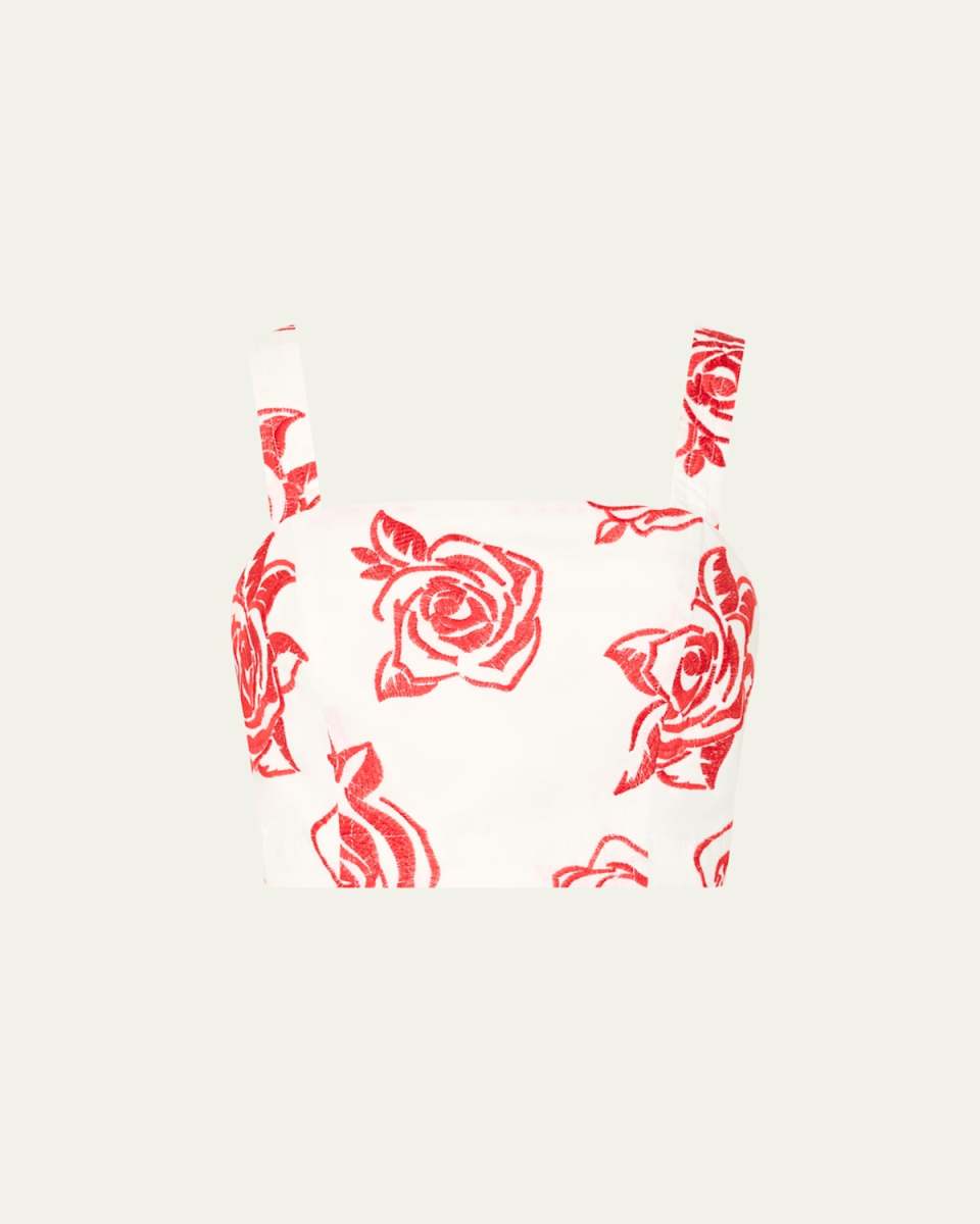 Rose Embroidered Square-Neck Crop Top